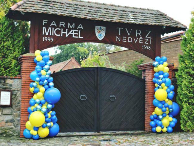 Žlutomodré balónkové sloupy z malých i jumbo balónků u vchodu do Farma Michael