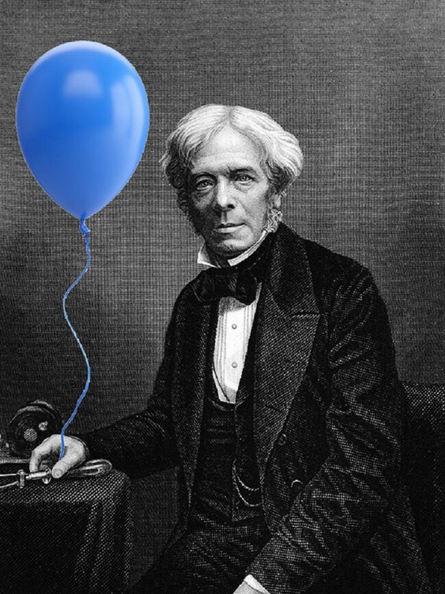 Vynálezce balónků Michael Faraday s balónkem